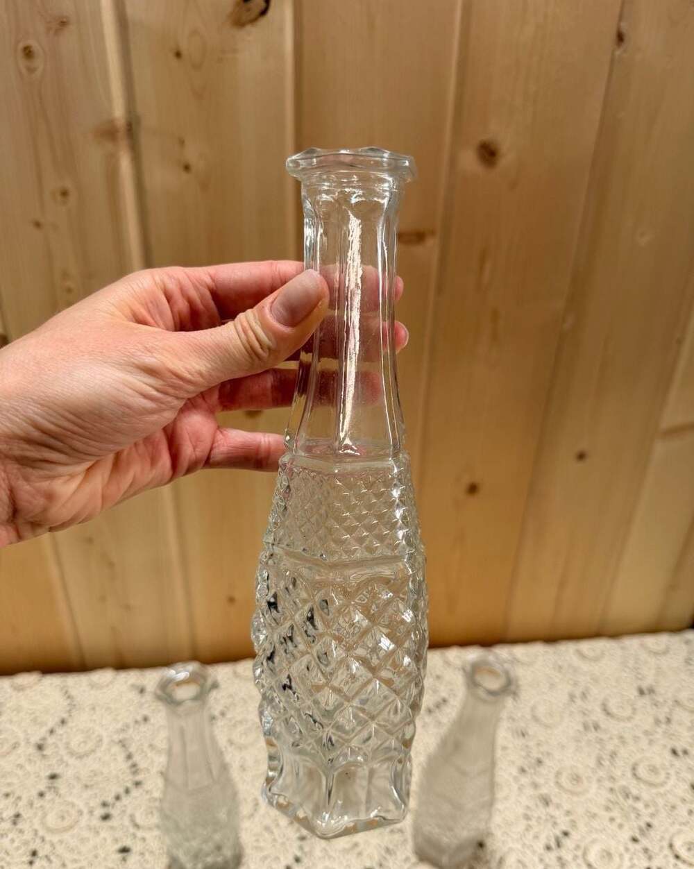 Anchor Hocking Wexford Clear Glass Diamond Pattern Bud Vase Vintage 9 Inch